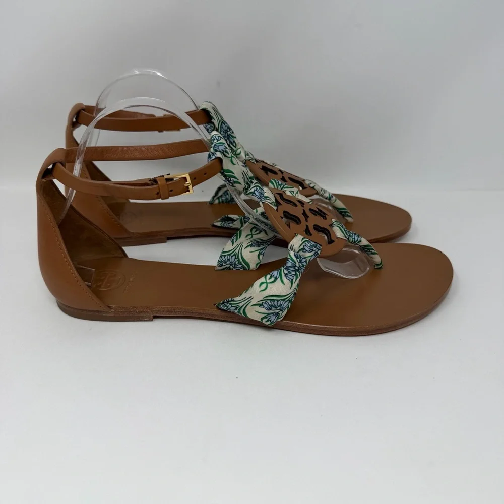 Tory Burch Miller Leather Scarf Thong Sandals Brown White Blue Green Size 11